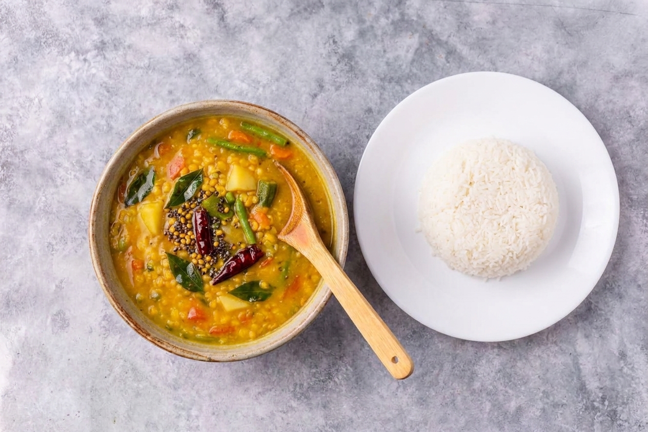 A bowl of sambar served next to a mound of steamed rice with a spoon on a simple dinner table setting