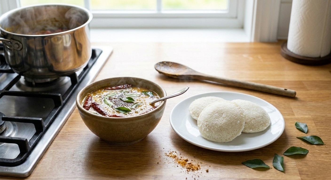 A bowl of sambar served with soft idli on a simple plate at a kitchen table