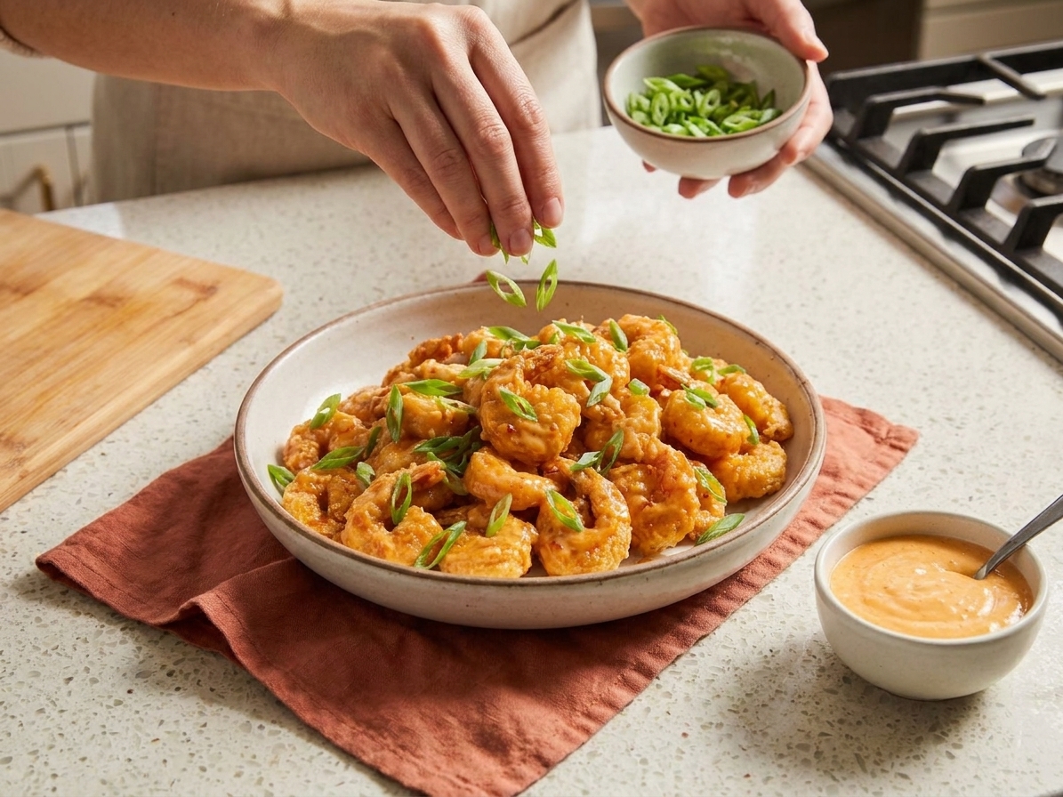 A bowl of sauced Bang Bang shrimp being sprinkled with sliced scallions by a person’s hand over a kitchen counter
