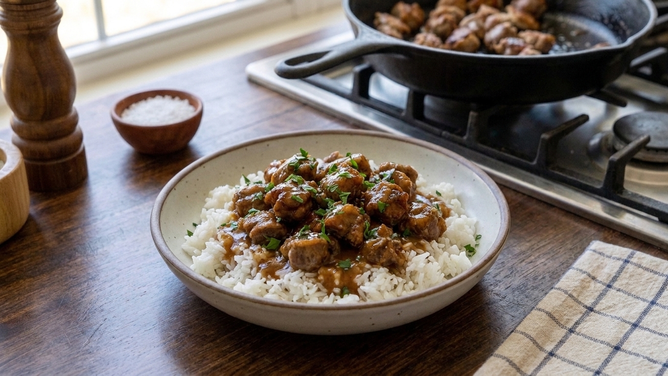 A bowl of saucy crispy chicken gizzards served over white rice with chopped parsley on top, set on a wooden kitchen table