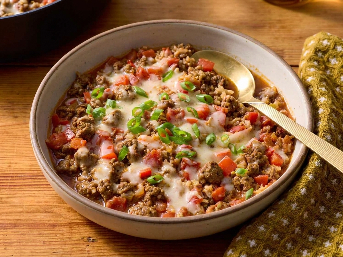 A bowl of saucy ground meat and rice topped with chopped herbs on a simple table setting with a spoon