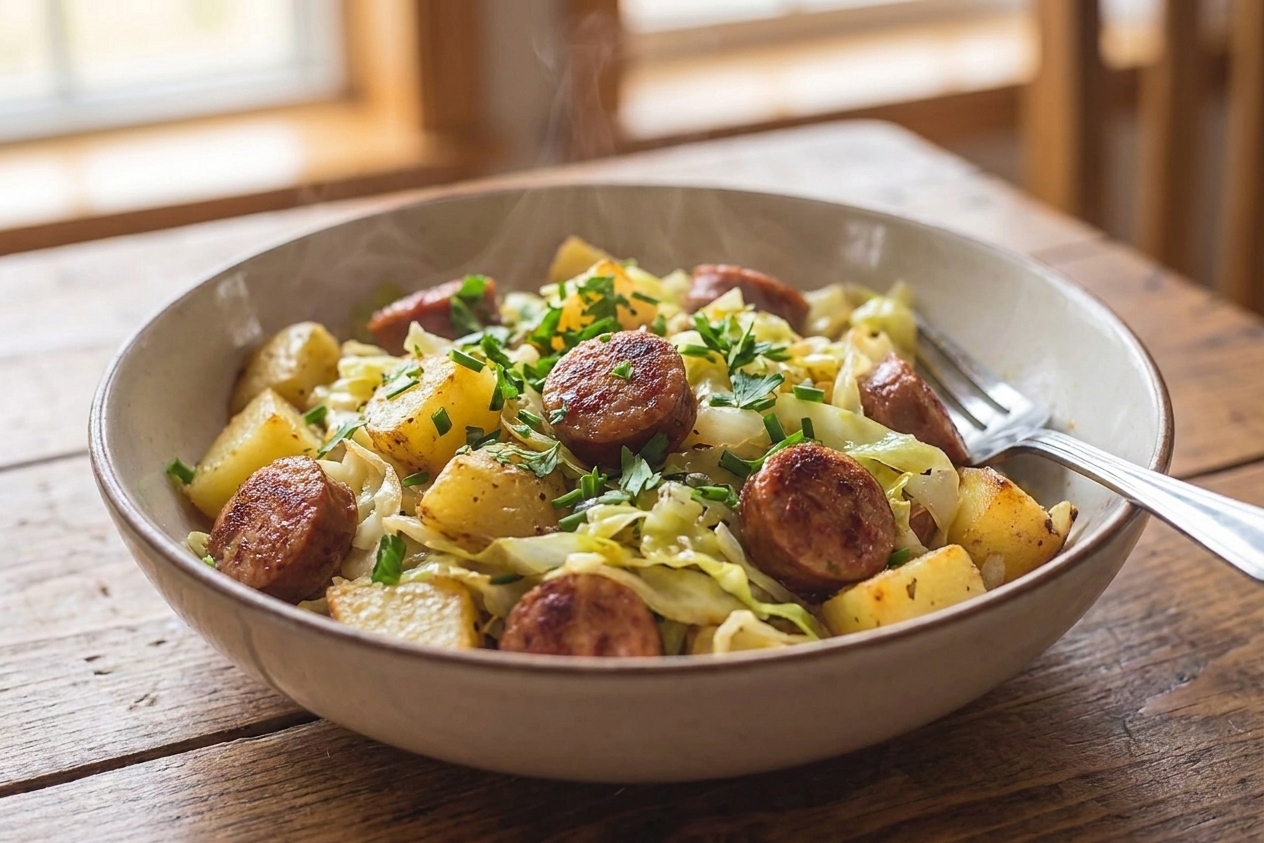 A bowl of sausage and cabbage skillet with potatoes, garnished with herbs, set on a dinner table with a fork