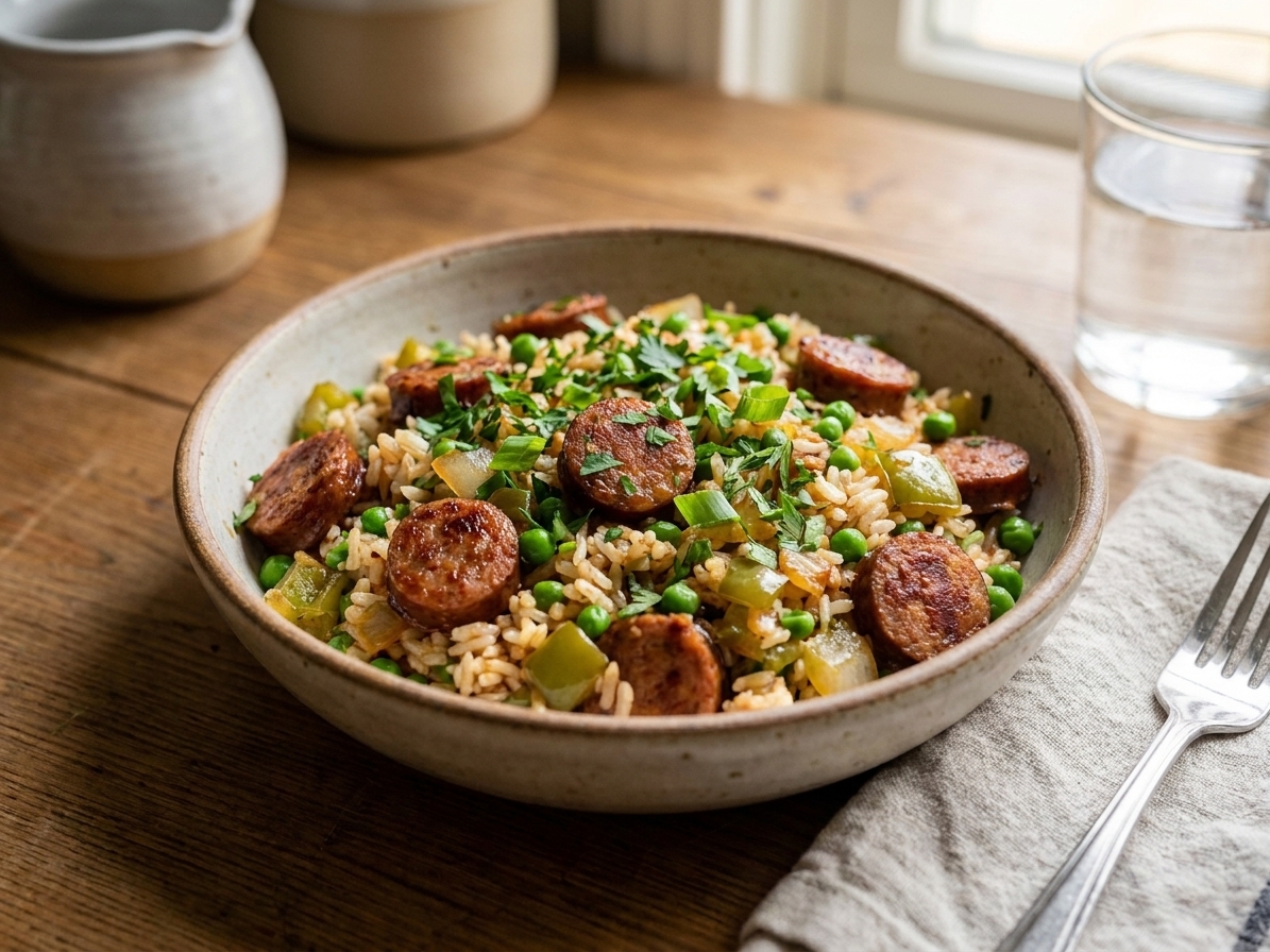 A bowl of sausage and rice with diced peppers and peas, topped with chopped herbs, served on a simple dinner table setting