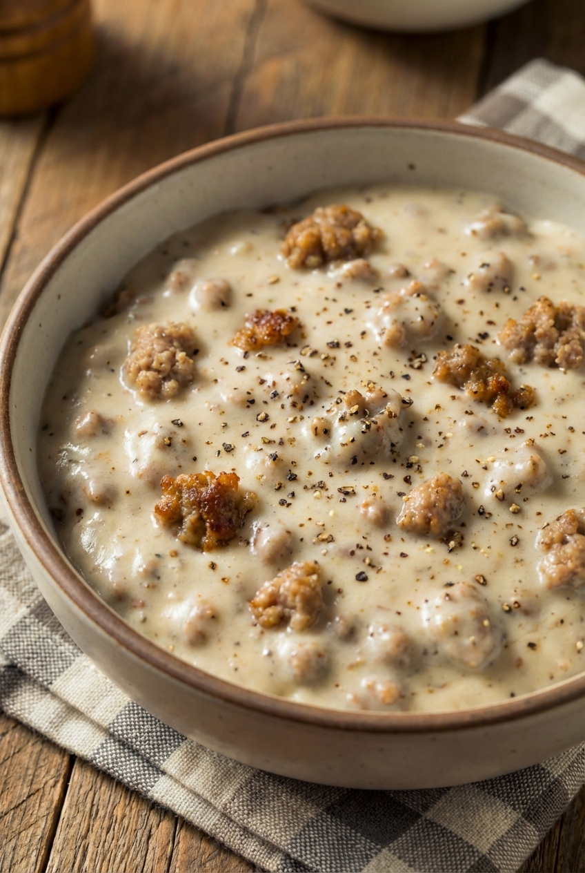A bowl of sausage gravy with black pepper and browned sausage crumbles