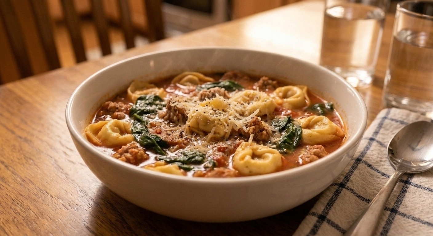 A bowl of sausage tortellini soup topped with grated Parmesan and cracked black pepper on a wooden table with a napkin and spoon