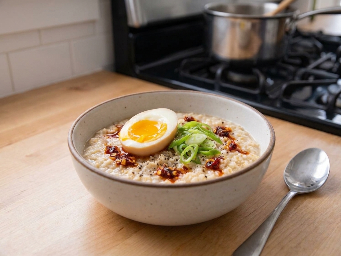 A bowl of savory oatmeal topped with a halved jammy egg, scallions, chili crisp, and grated Parmesan on a simple table setting