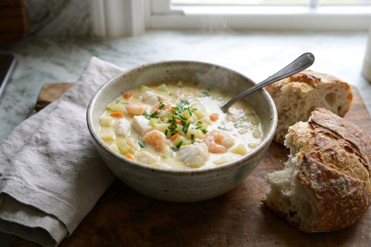 A bowl of seafood chowder set on a dinner table with a napkin, spoon, and a piece of crusty bread