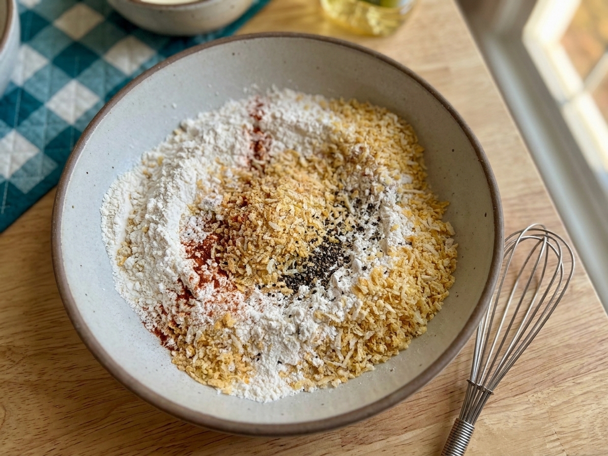 A bowl of seasoned flour and panko breadcrumbs with visible paprika and black pepper on a kitchen counter next to a whisk