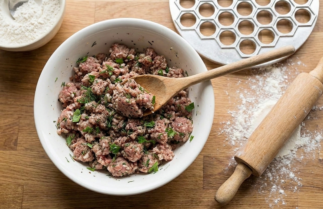 A bowl of seasoned ground meat filling for pelmeni with a spoon resting inside on a kitchen counter