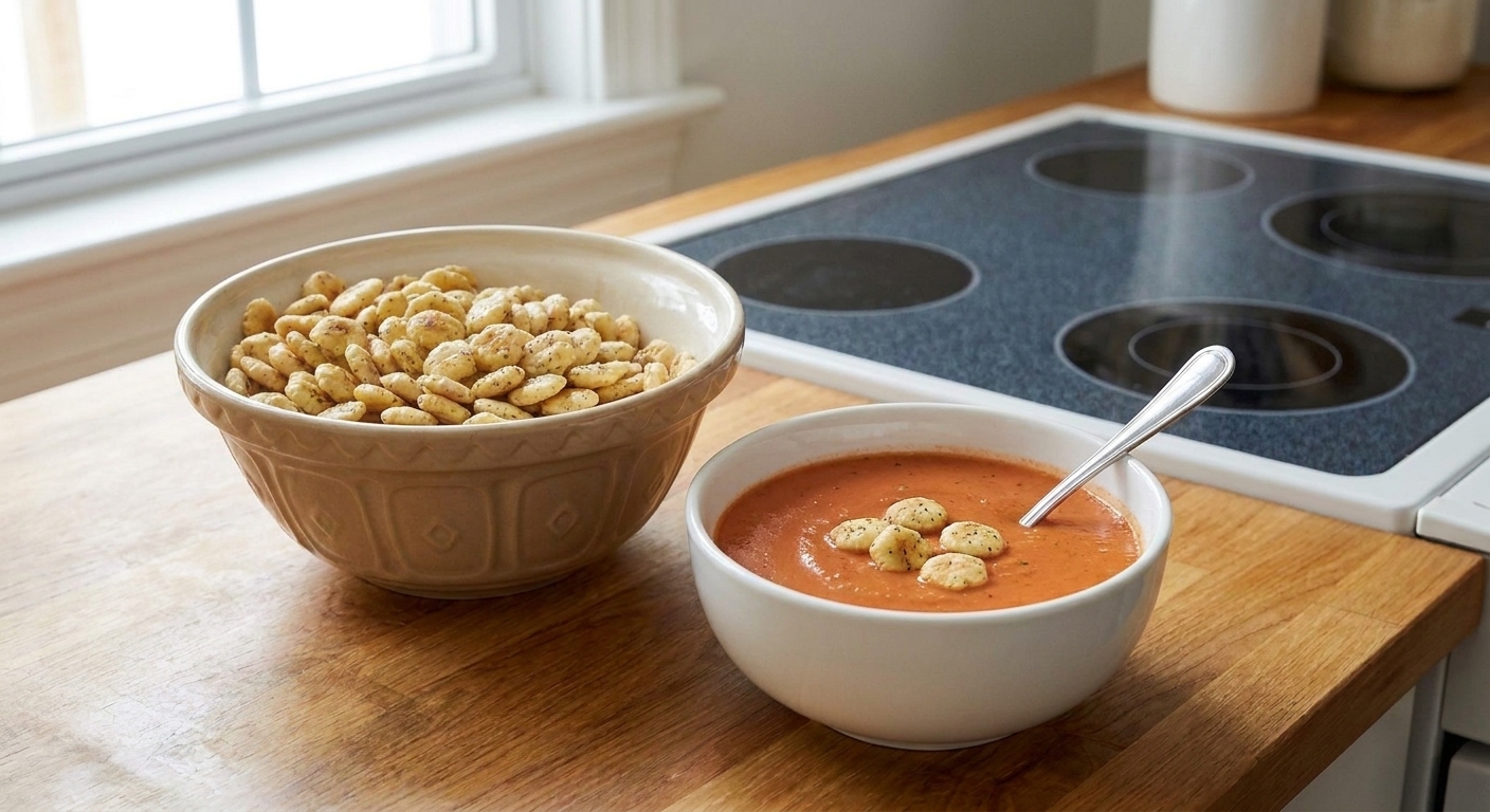 A bowl of seasoned oyster crackers set next to a soup bowl and spoon on a wooden table in a cozy kitchen