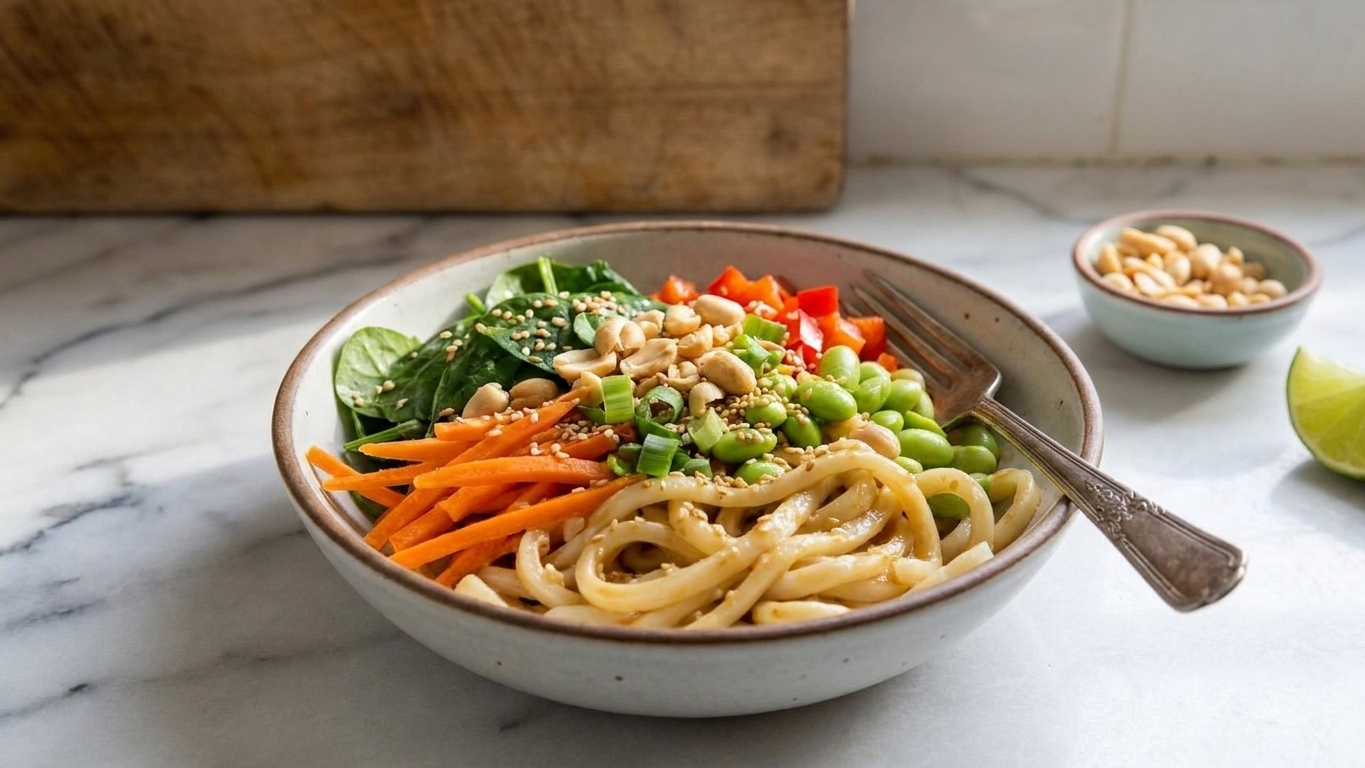 A bowl of sesame lime noodle salad with crunchy vegetables and peanuts on top, set on a simple table with a fork