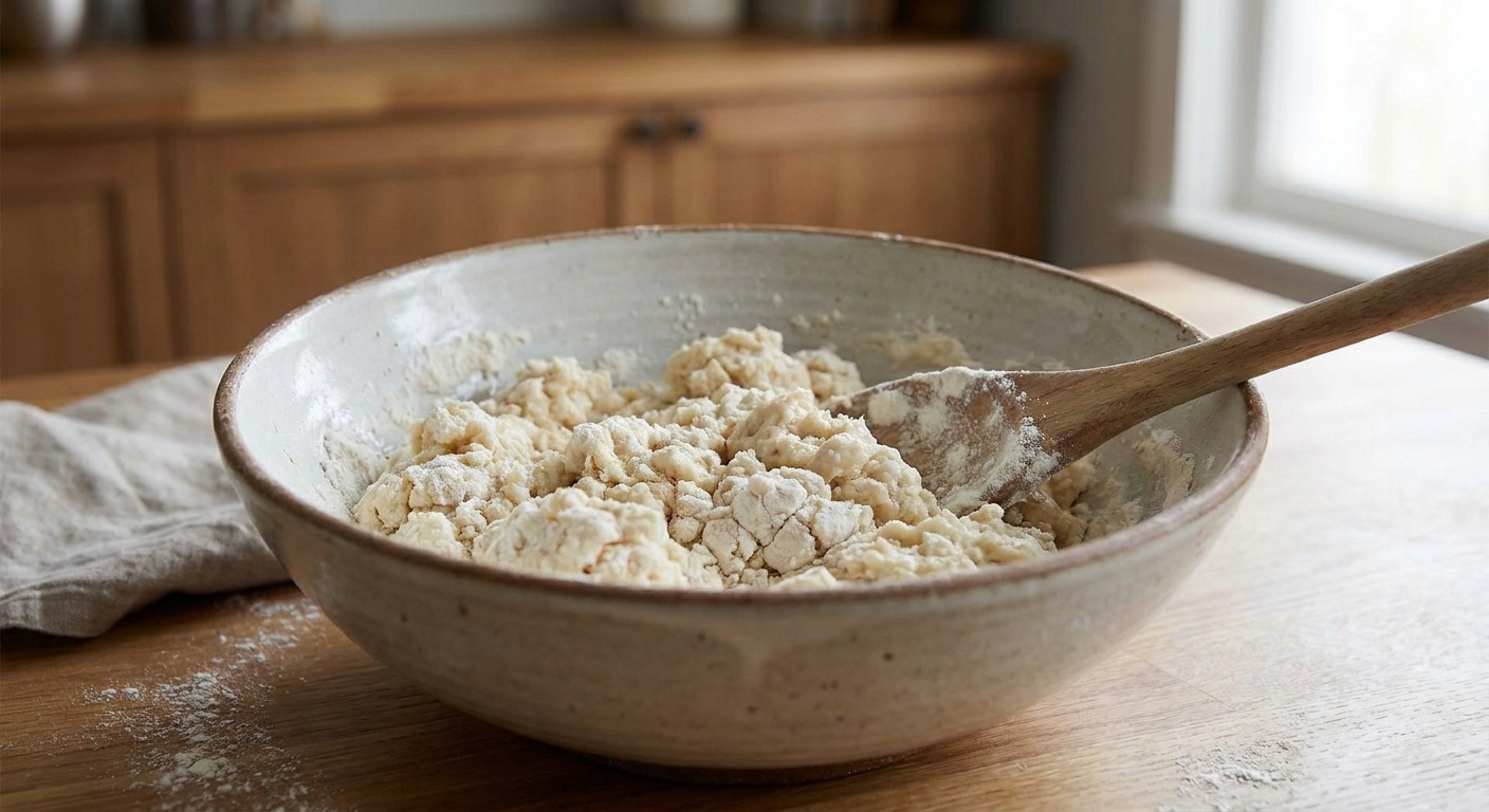 A bowl of shaggy dumpling dough just after mixing, with small dry flour patches visible