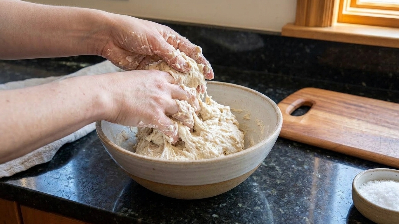A bowl of shaggy sourdough dough being mixed until no dry flour remains on a kitchen counter