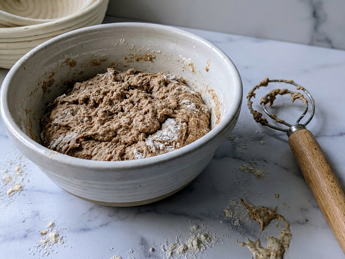 A bowl of shaggy whole wheat sourdough dough just mixed, with a dough whisk resting nearby on a clean kitchen counter