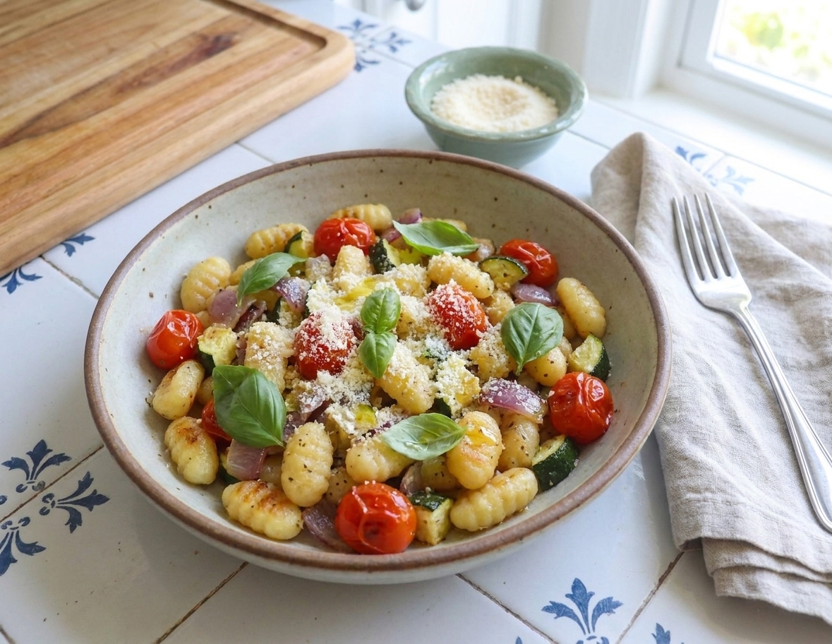A bowl of sheet pan gnocchi topped with fresh basil and grated Parmesan on a simple dinner table setting with a fork and napkin