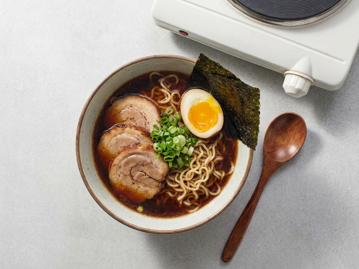 A bowl of shoyu ramen being finished with sliced chashu, a halved jammy egg, scallions, and nori