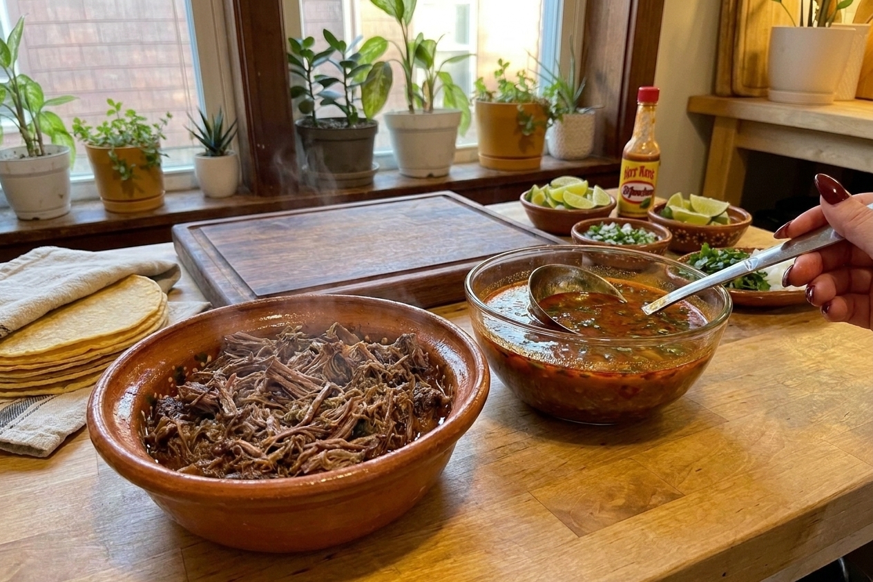 A bowl of shredded birria beef with a ladle of red broth nearby on a kitchen counter, ready for assembling tacos