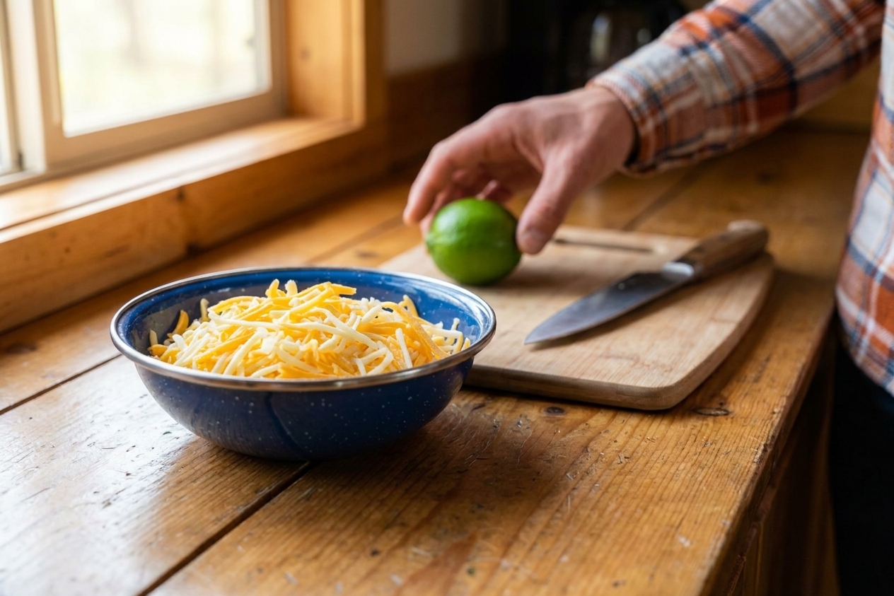 A bowl of shredded cheddar and Monterey Jack on a kitchen counter with a cutting board and a lime nearby