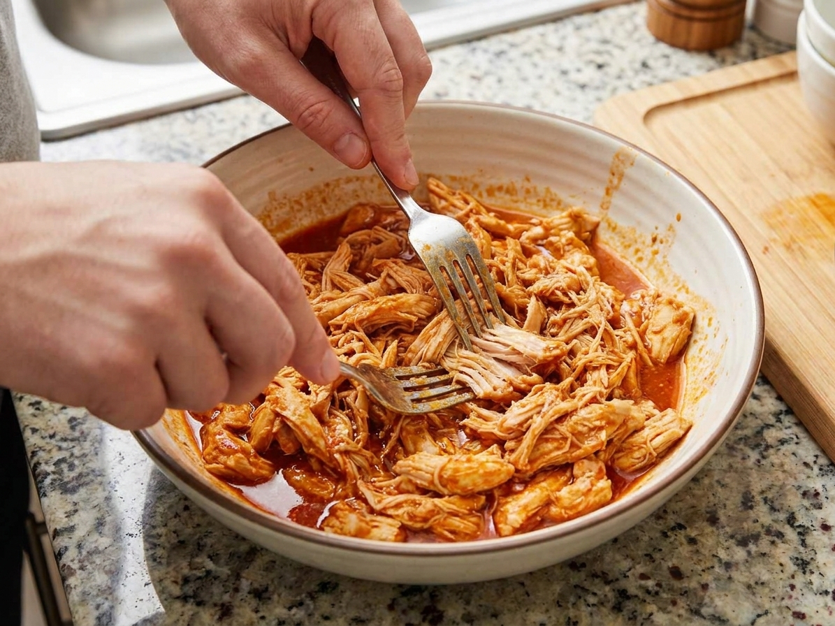 A bowl of shredded chicken being pulled apart with two forks on a kitchen counter
