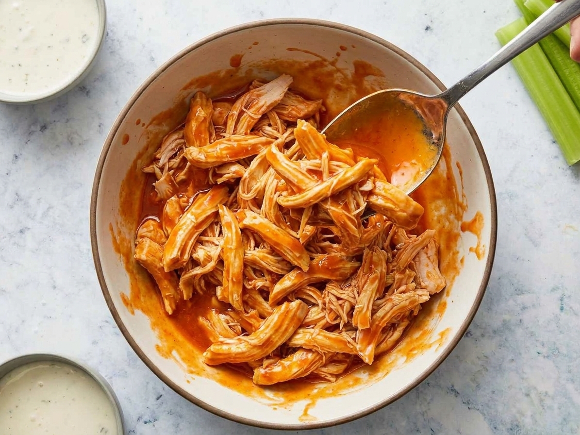 A bowl of shredded chicken being tossed with glossy buffalo sauce using a spoon on a kitchen counter