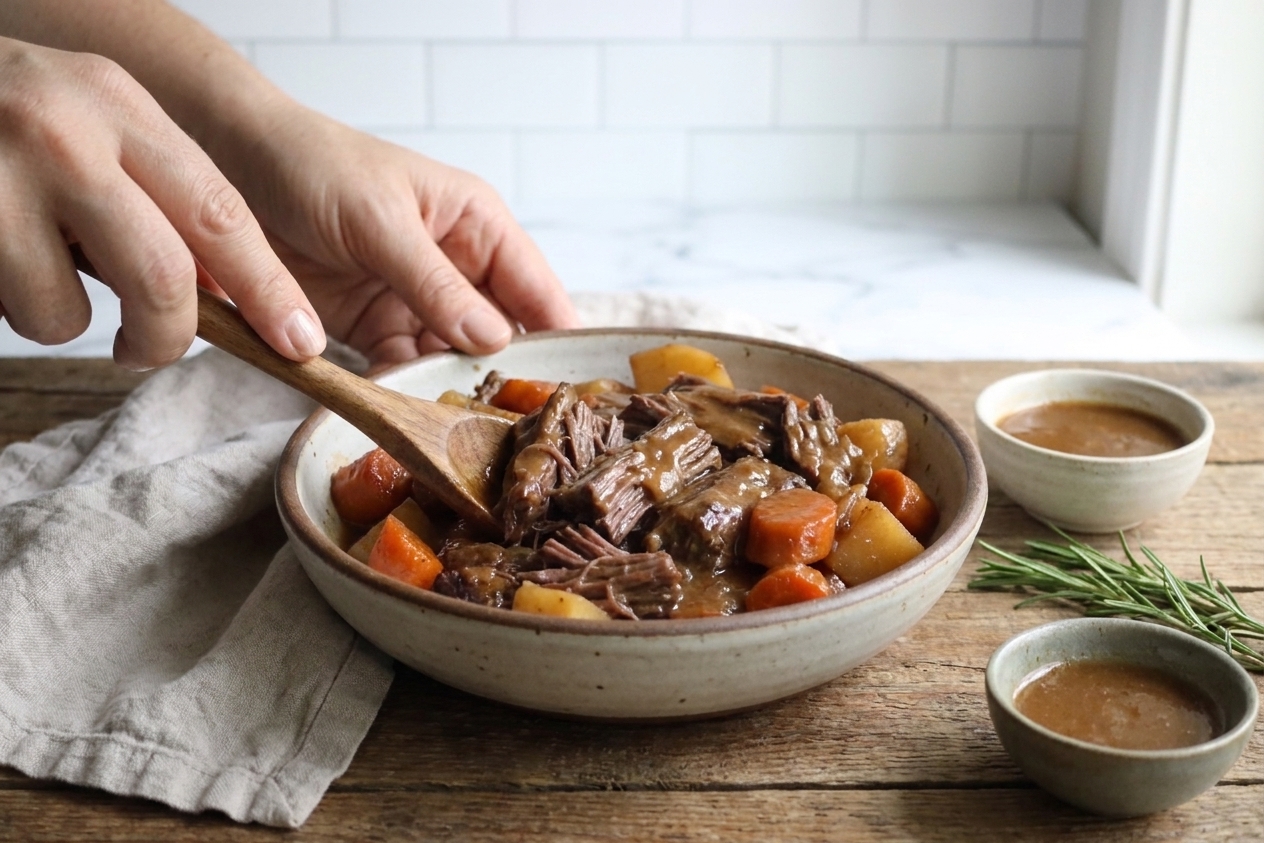 A bowl of shredded chuck roast with carrots and potatoes, topped with thick brown gravy on a rustic table setting