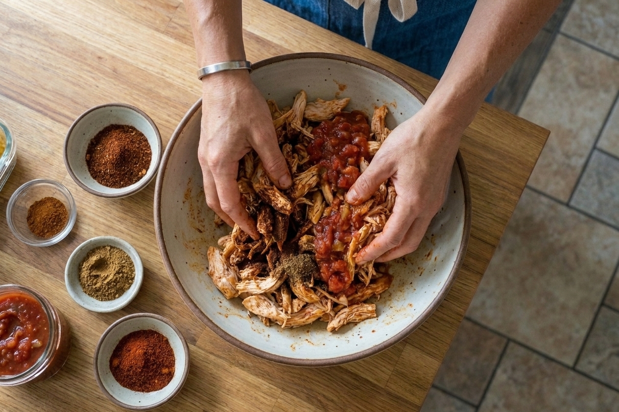 A bowl of shredded cooked chicken being tossed with chili powder, cumin, smoked paprika, and salsa on a kitchen counter