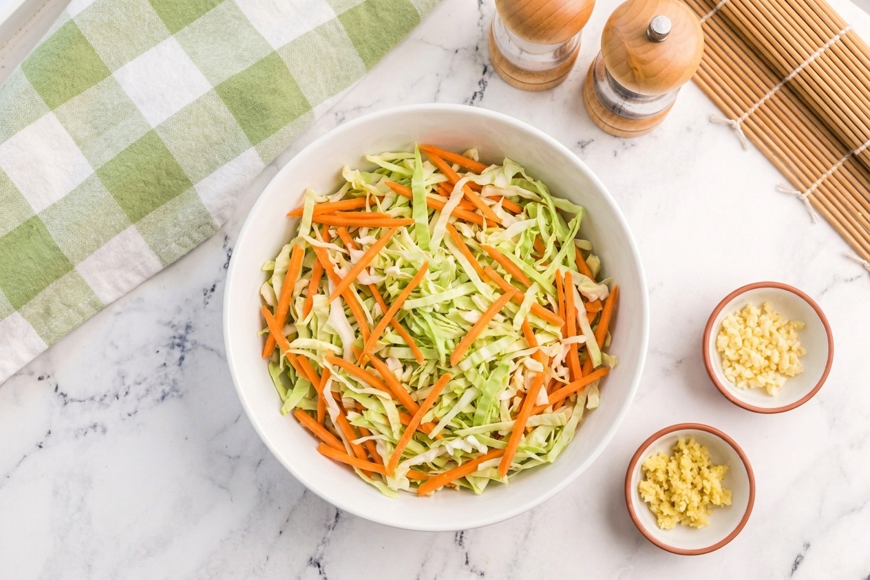 A bowl of shredded green cabbage and carrots on a kitchen counter next to minced garlic and ginger, ready for egg roll filling