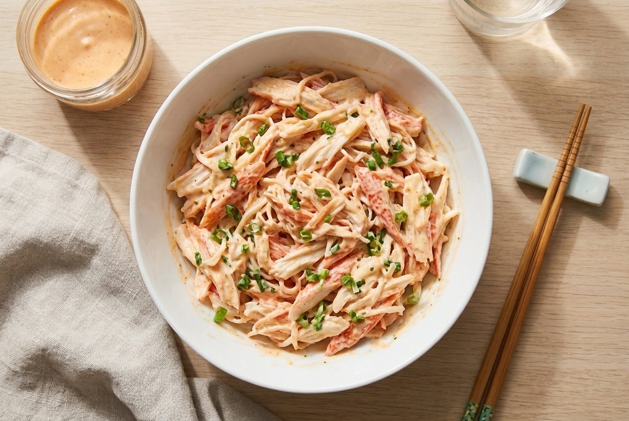 A bowl of shredded imitation crab mixed with spicy mayo and scallions, creamy and lightly orange in color