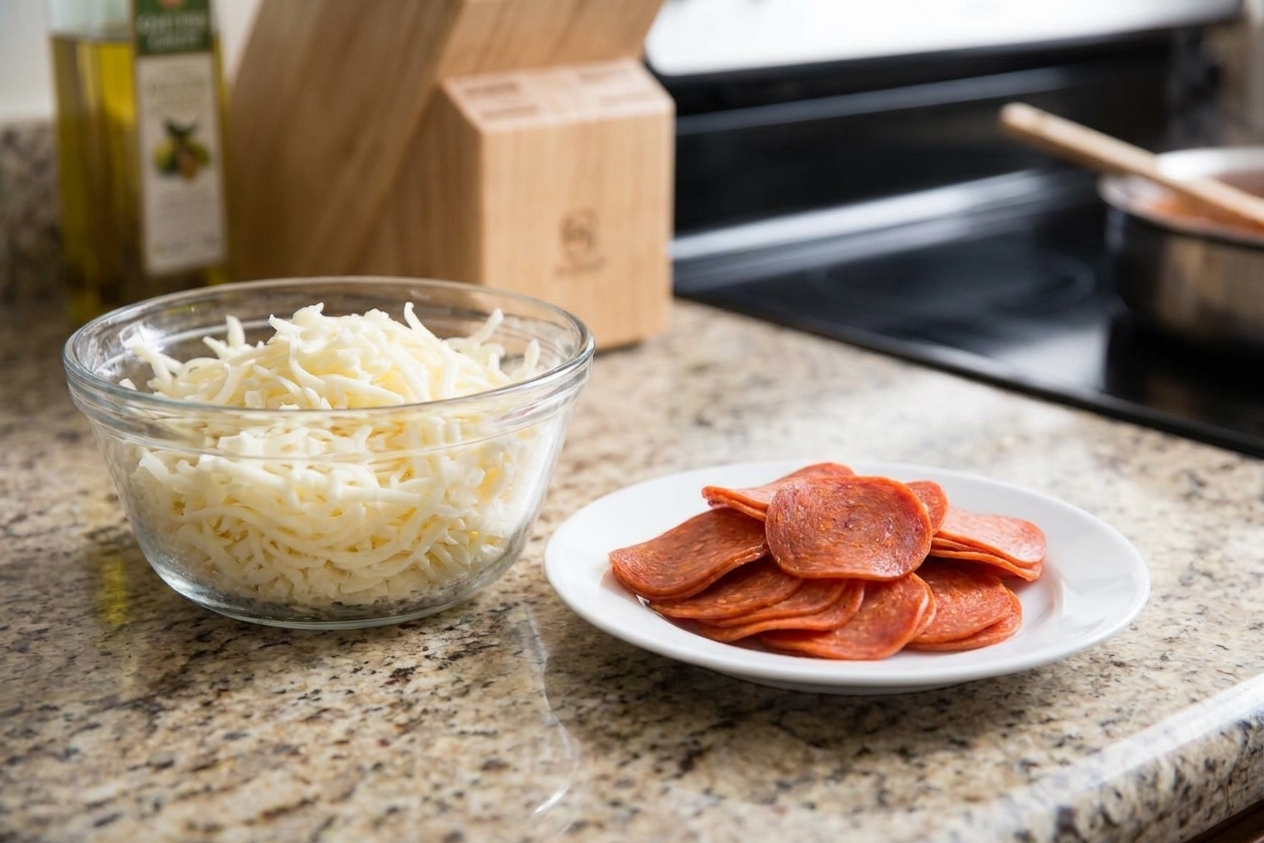 A bowl of shredded mozzarella next to a small plate of pepperoni slices on a clean kitchen counter with warm natural light