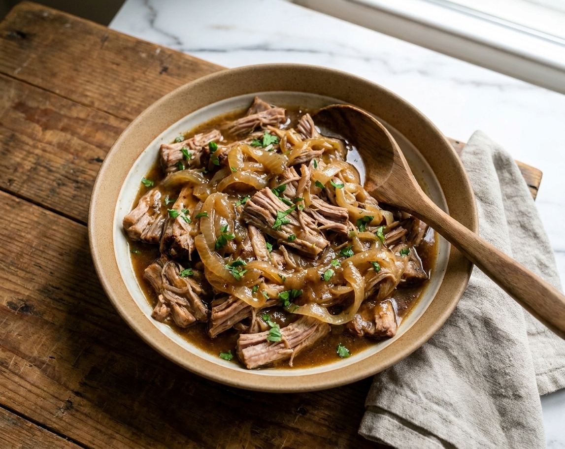 A bowl of shredded pork with ladled gravy and softened onions, served on a wooden table with a spoon