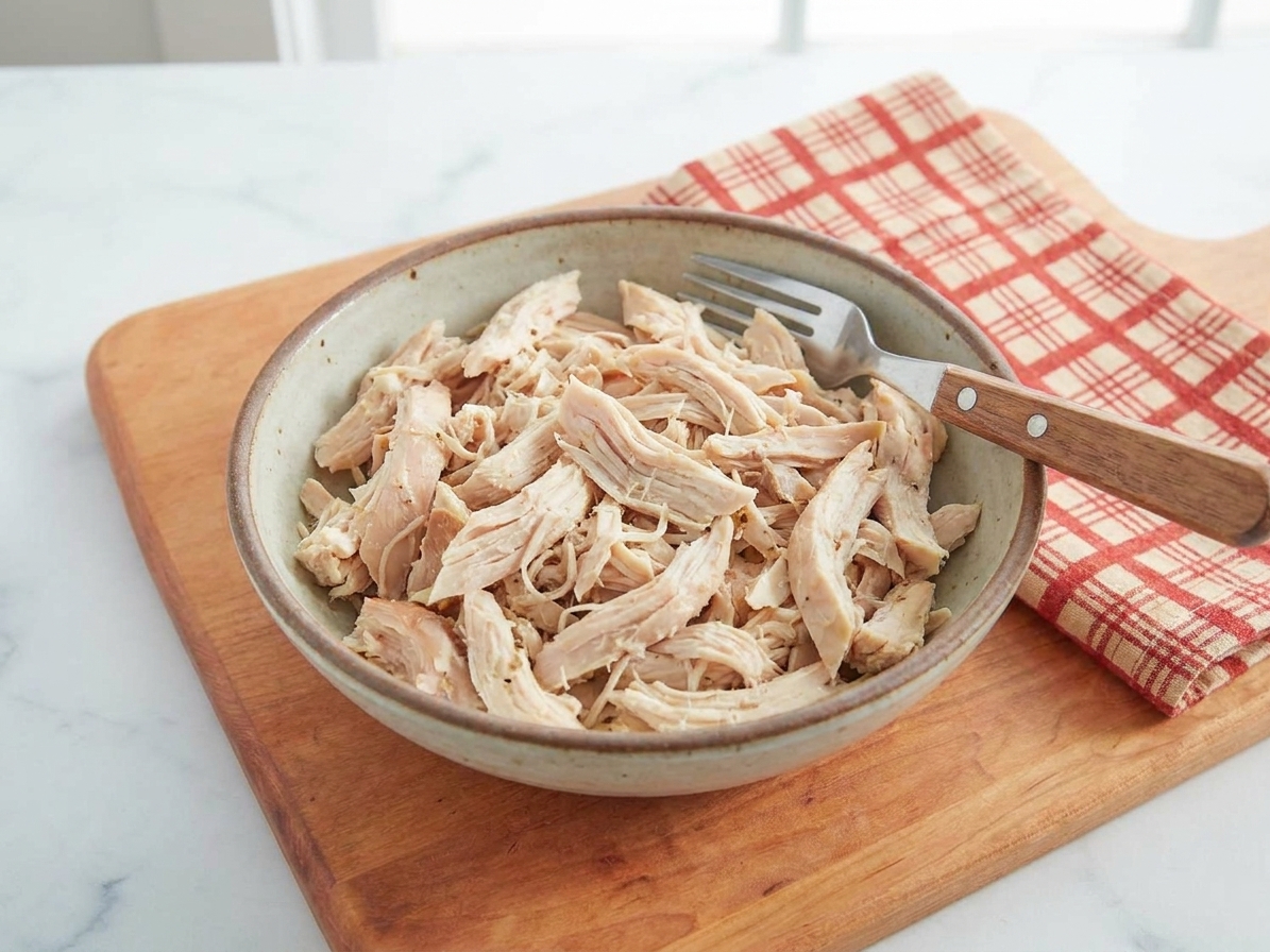 A bowl of shredded rotisserie chicken on a kitchen counter with a fork and cutting board nearby