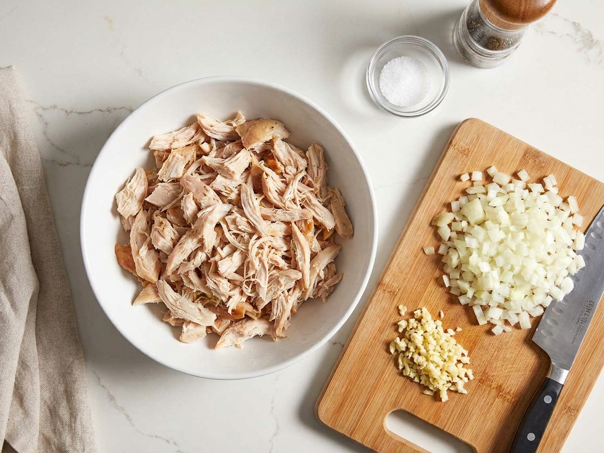 A bowl of shredded rotisserie chicken on a kitchen counter next to a cutting board with chopped onion and garlic