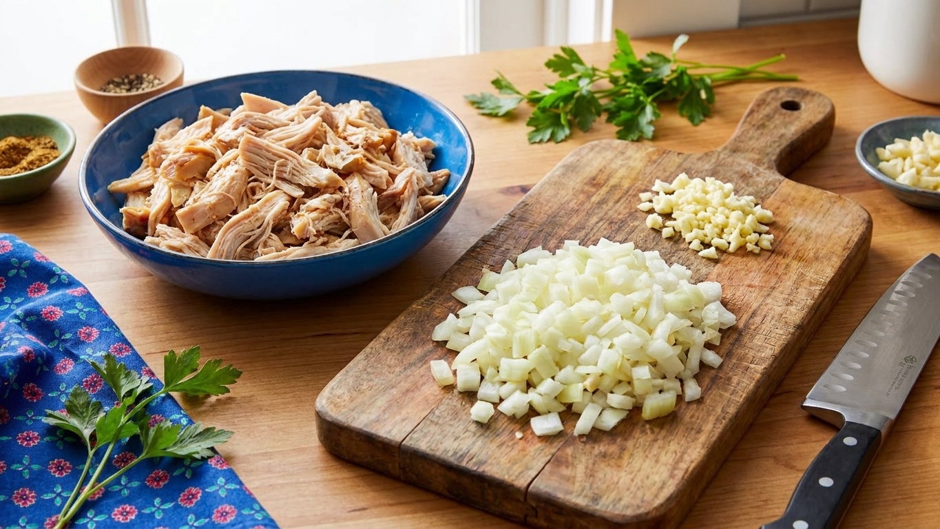A bowl of shredded rotisserie chicken on a kitchen counter beside a cutting board with diced onion and minced garlic