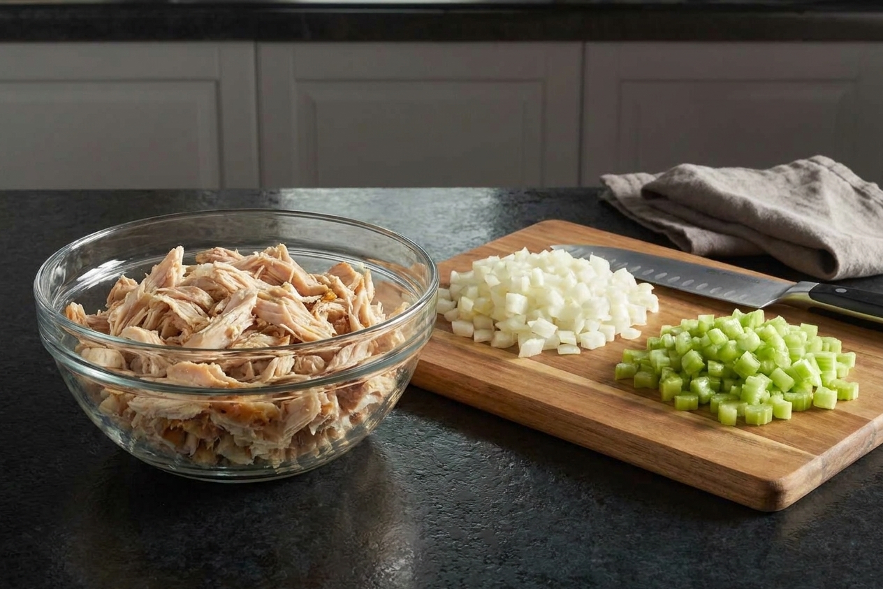 A bowl of shredded rotisserie chicken on a kitchen counter next to a cutting board with diced onion and celery