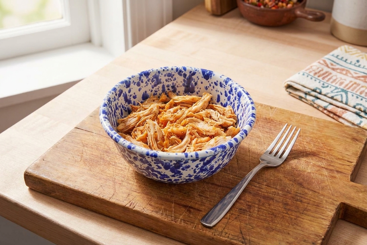 A bowl of shredded rotisserie chicken on a wooden cutting board next to a fork, in a home kitchen with soft natural light