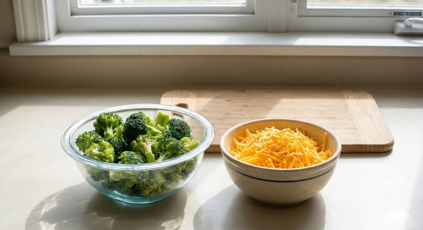 A bowl of shredded sharp cheddar next to a bowl of broccoli florets on a clean kitchen counter
