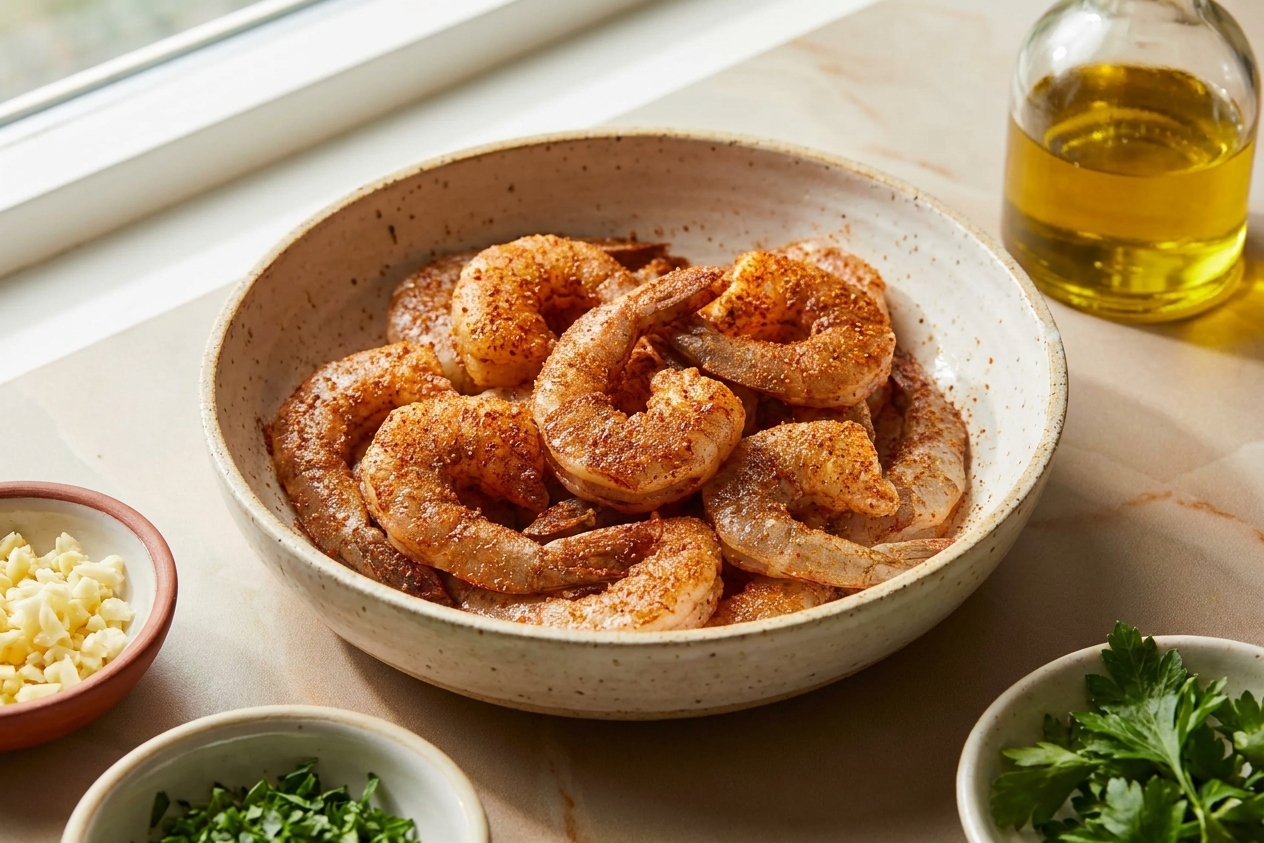 A bowl of shrimp coated in Cajun seasoning on a kitchen counter, ready to cook