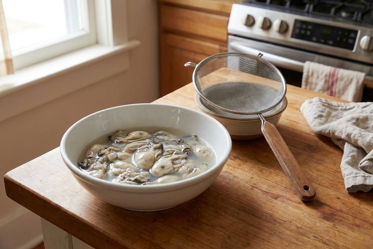 A bowl of shucked oysters with their liquor beside a fine mesh strainer on a kitchen counter