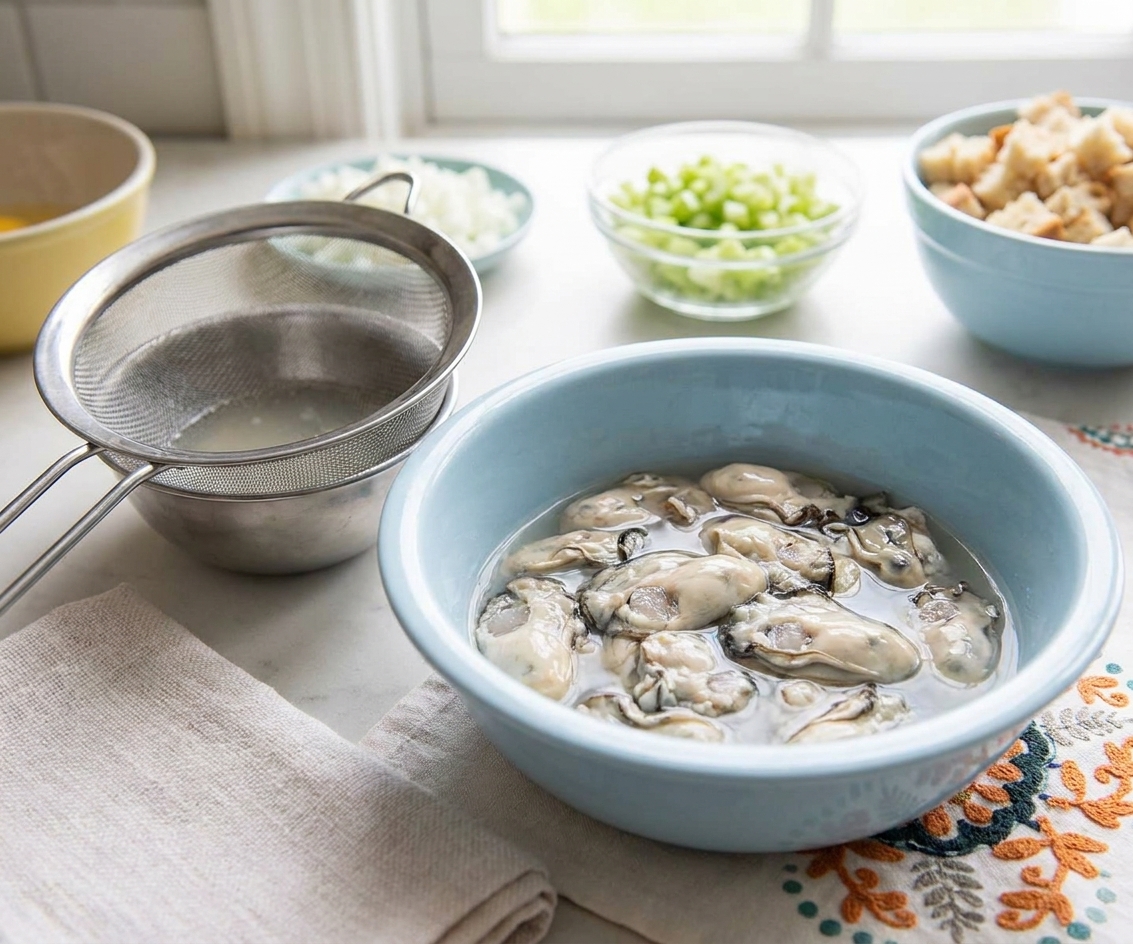 A bowl of shucked oysters with their liquor beside a fine-mesh strainer on a kitchen counter