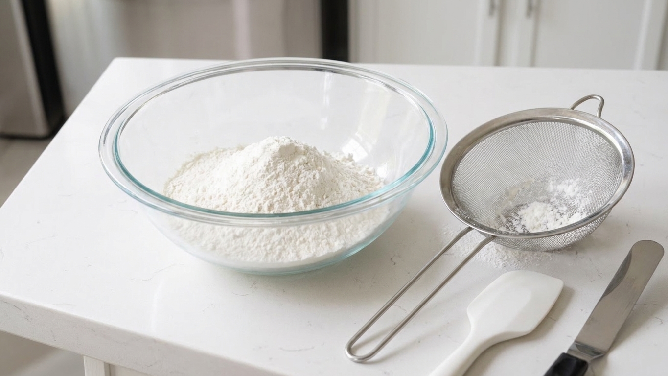 A bowl of sifted flour and cornstarch on a kitchen counter next to a fine mesh sieve, ready for folding into sponge cake batter