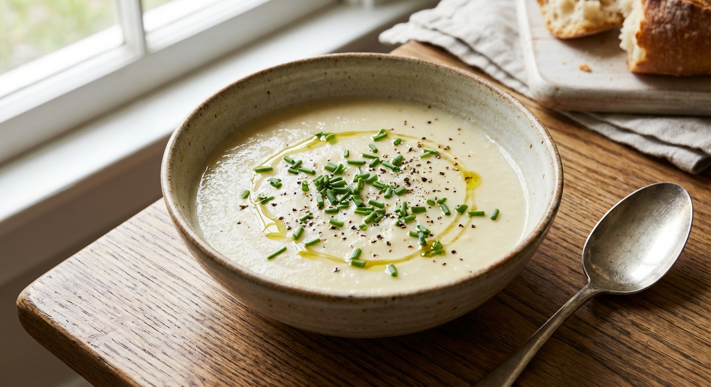 A bowl of silky cauliflower soup topped with chives and cracked black pepper on a wooden table with a spoon beside it