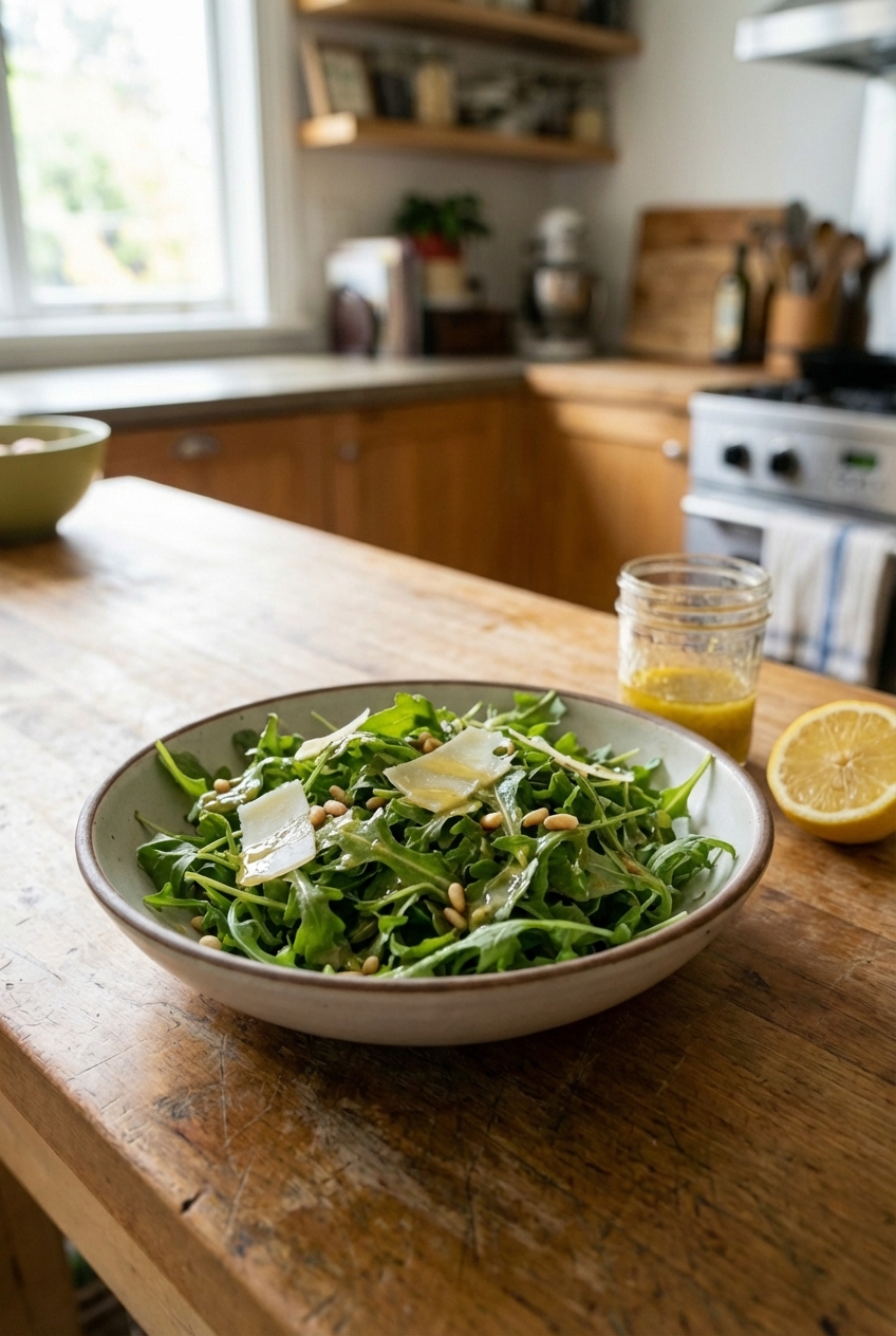 A bowl of simple arugula salad with lemon vinaigrette