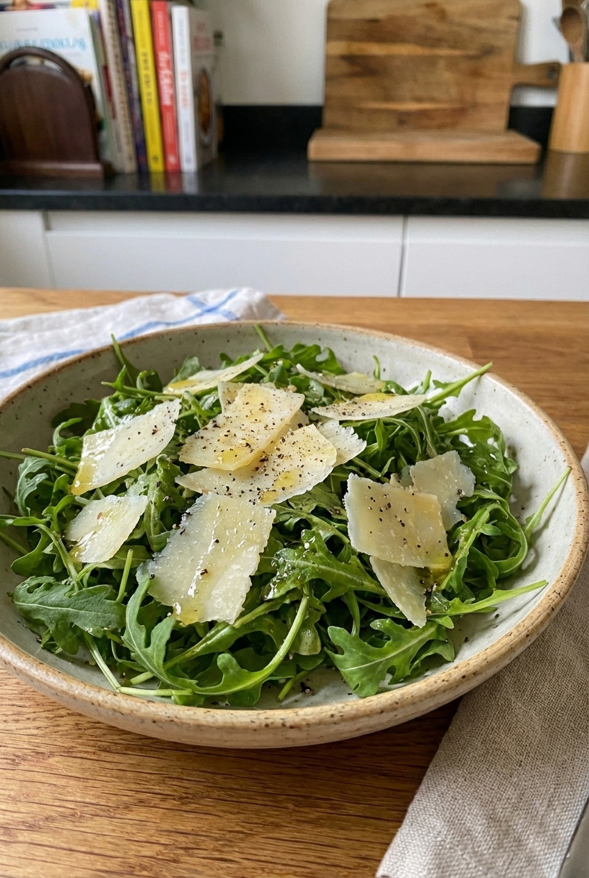A bowl of simple arugula salad with shaved Parmesan and lemon vinaigrette