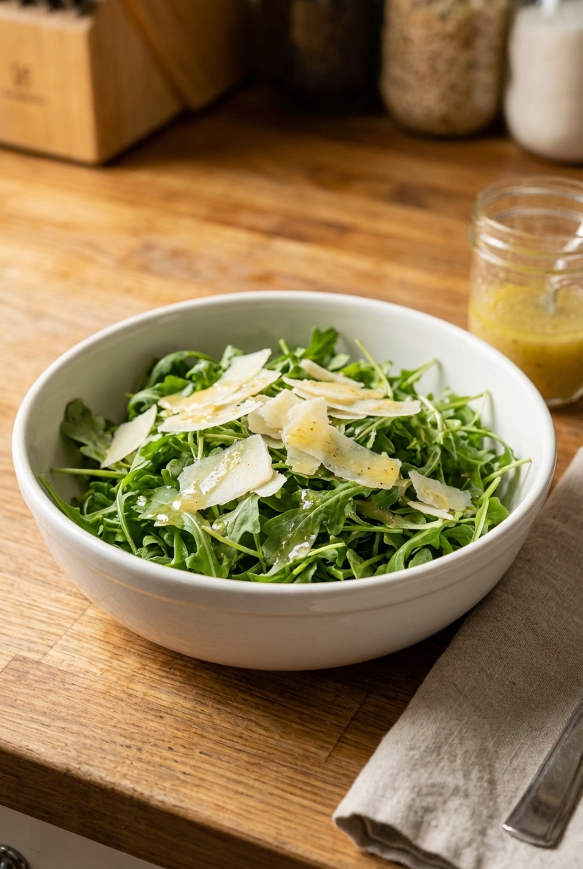A bowl of simple arugula salad with shaved parmesan and lemon vinaigrette