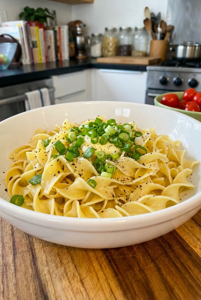 A bowl of simple buttered noodles with chopped scallions