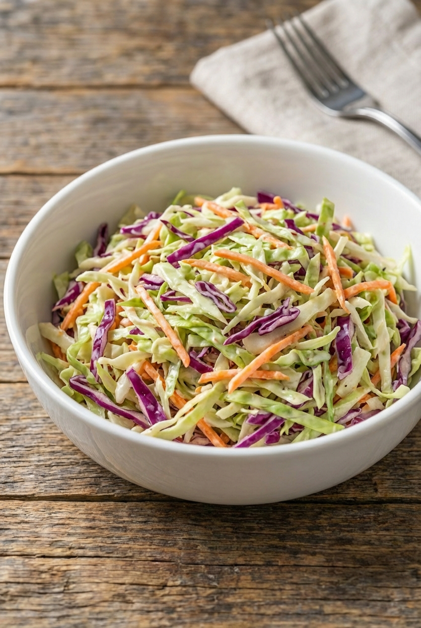 A bowl of simple coleslaw with shredded cabbage and carrots