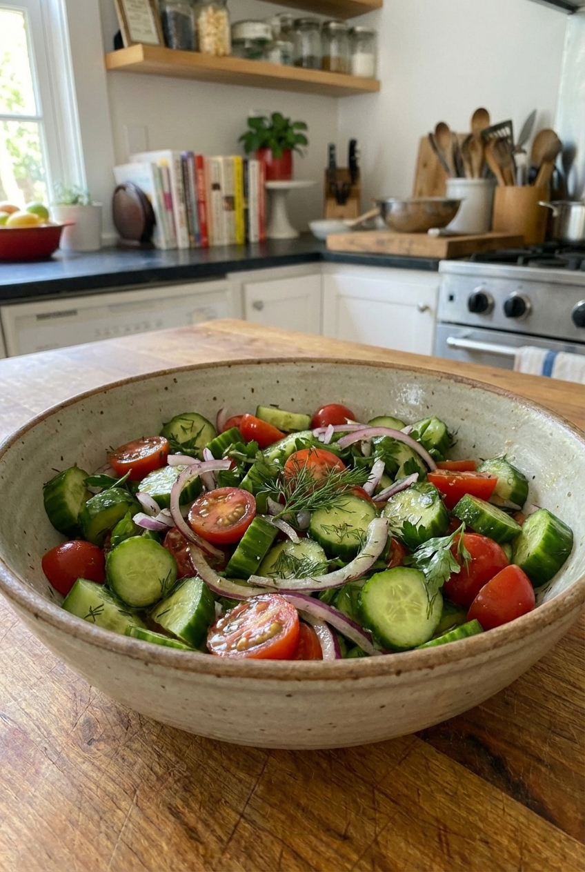 A bowl of simple cucumber tomato salad with vinaigrette