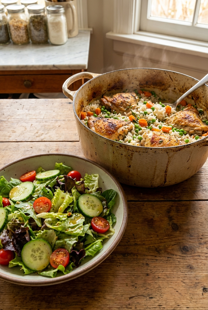 A bowl of simple green salad next to a pot of chicken and rice