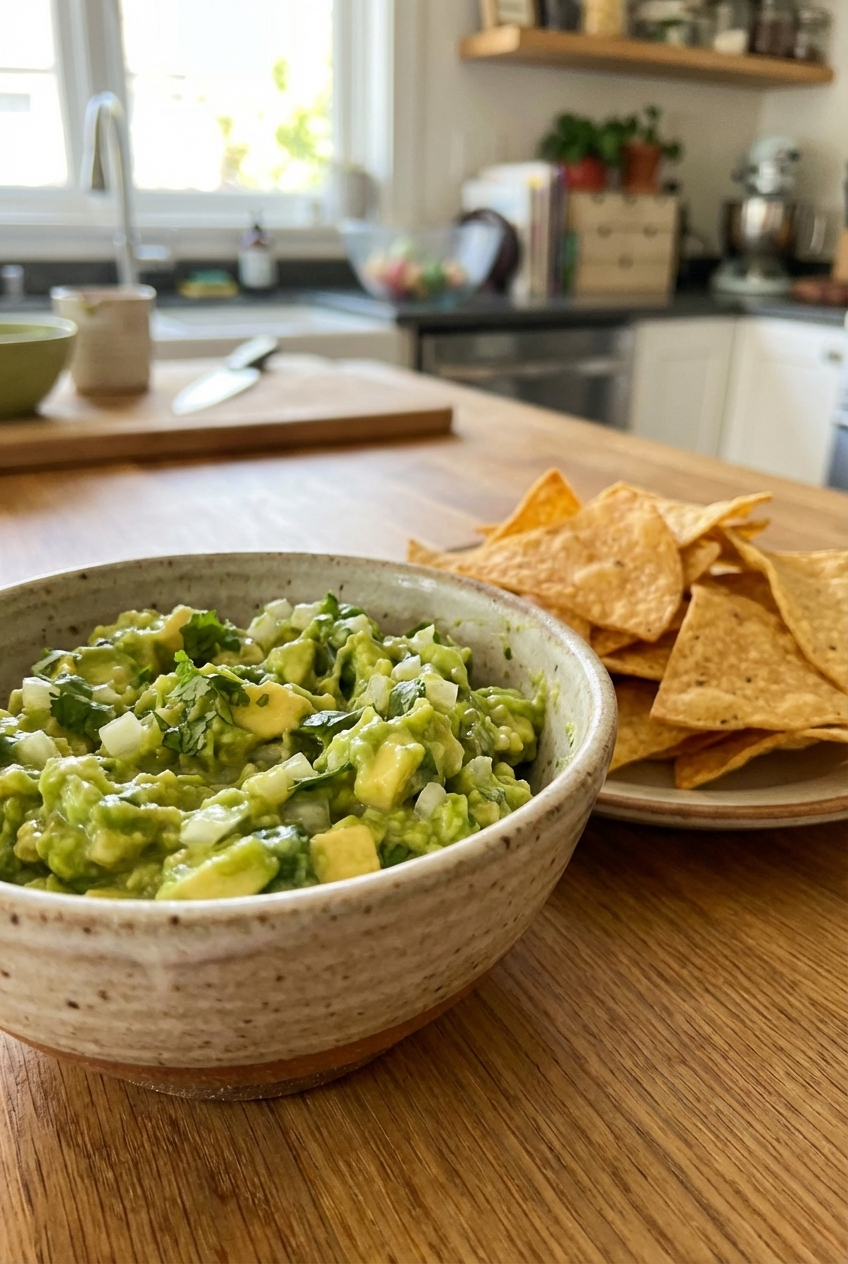 A bowl of simple guacamole with tortilla chips beside it