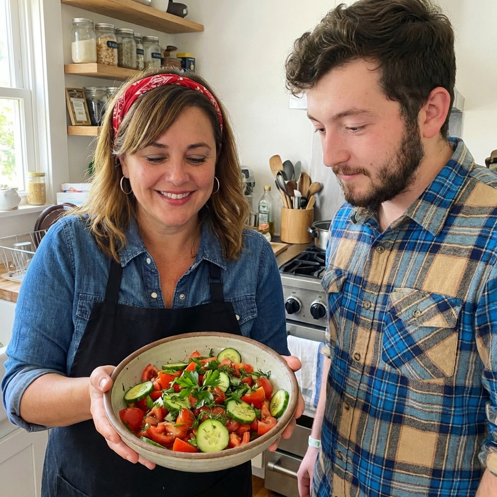 A bowl of simple tomato and cucumber salad with olive oil and herbs